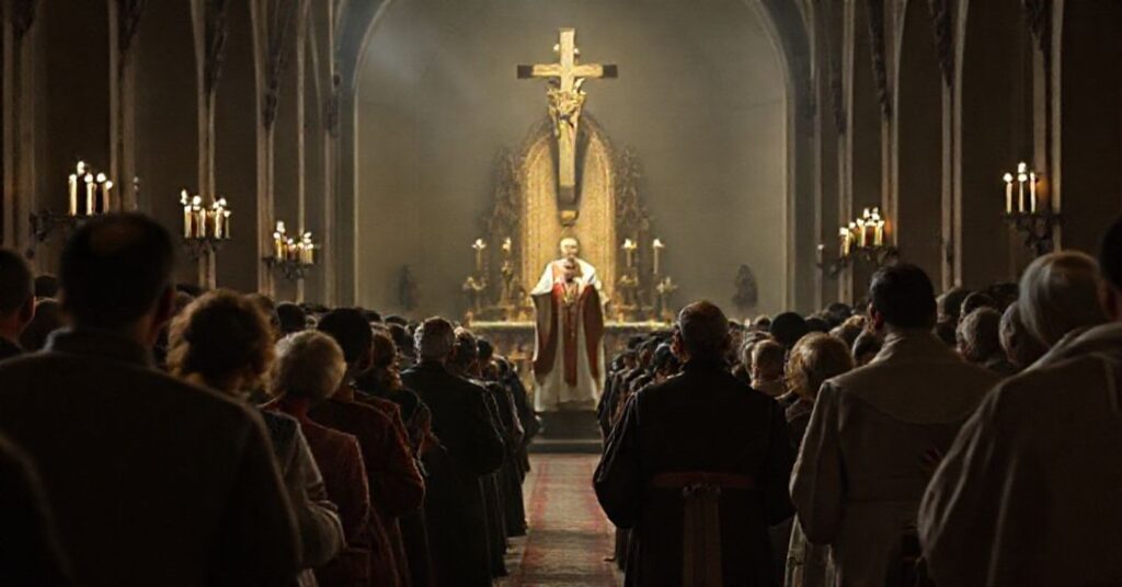 Pielgrzymka rodzin do Kalwarii Zebrzydowskiej z "biskupem" w wątpliwych szatach liturgicznych