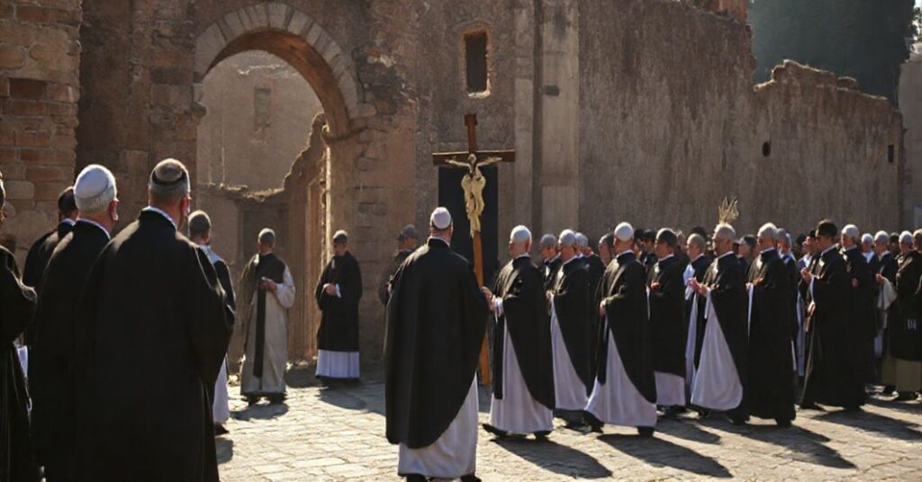 Pielgrzymka katolicka przechodząca obok ruin starożytnej bazyliki podczas apostozy