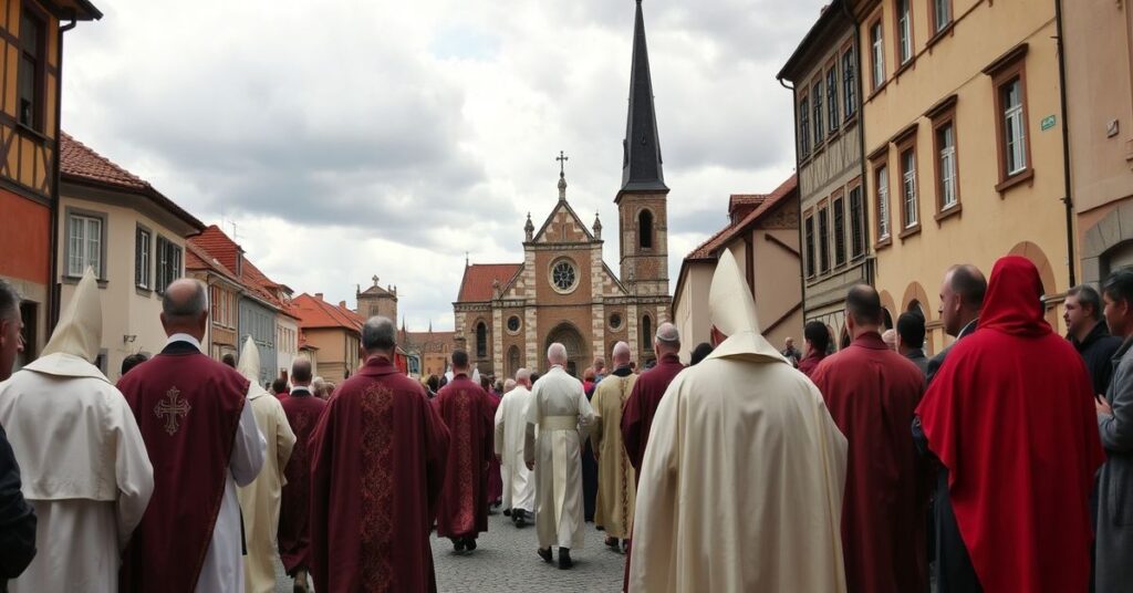 Pielgrzymka katolicka w tradycyjnych szatach liturgicznych