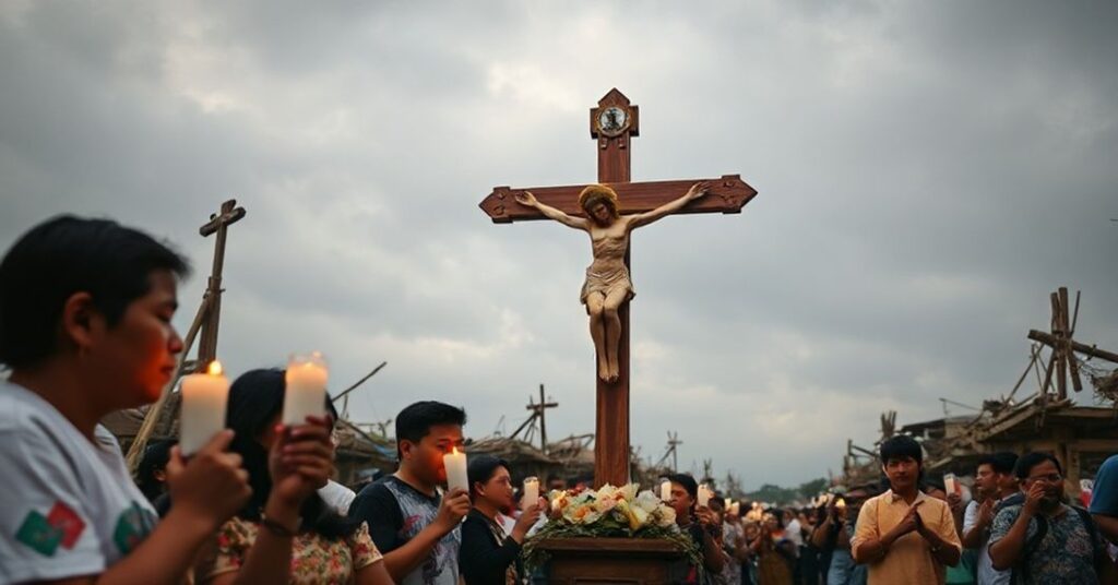 Pielgrzymka katolicka na Filipinach po tajfunie Kalmaegi z grupą wiernych modlących się z ikonami i kandelabrami przy ruinach