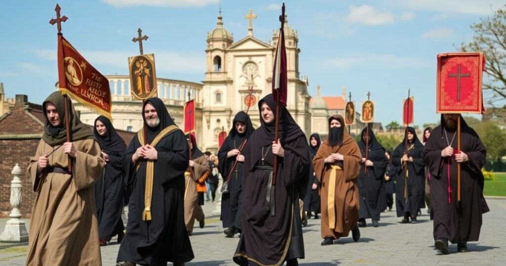 Fotografia realistyczna wspólnoty katolickiej podczas pielgrzymki rowerowej, modlącej się przed kościołem, ukazująca pobożność i tradycję