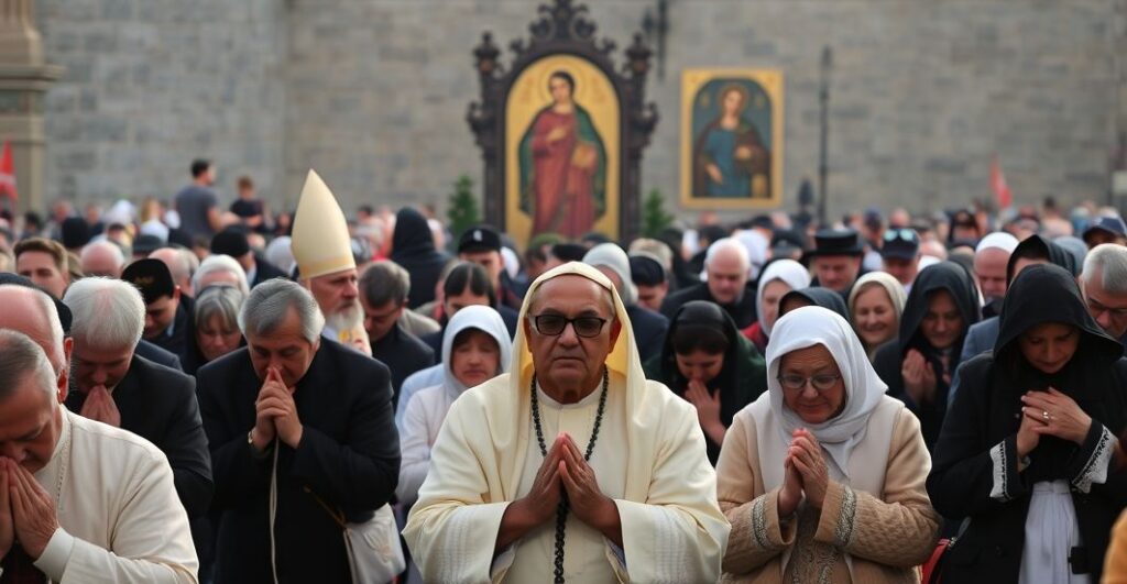 Grupa katolickich pielgrzymów klęczy w modlitwie przed Cudownym Obrazem Matki Bożej w Jasnej Górze, w atmosferze głębokiej pobożności i Pokuty. W tle widoczny jest biskup w tradycyjnych ornatach prowadzący procesję. Scena odbija tradycyjne wartości katolickie, bez żadnych nowoczesnych elementów.