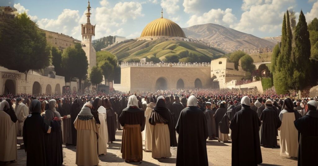 Pielgrzymka katolicka do Jerozolimy w 2033 roku z tradycyjnymi katolikami modlącymi się różańcem przed Grobem Świętym i Góra Syjonu.