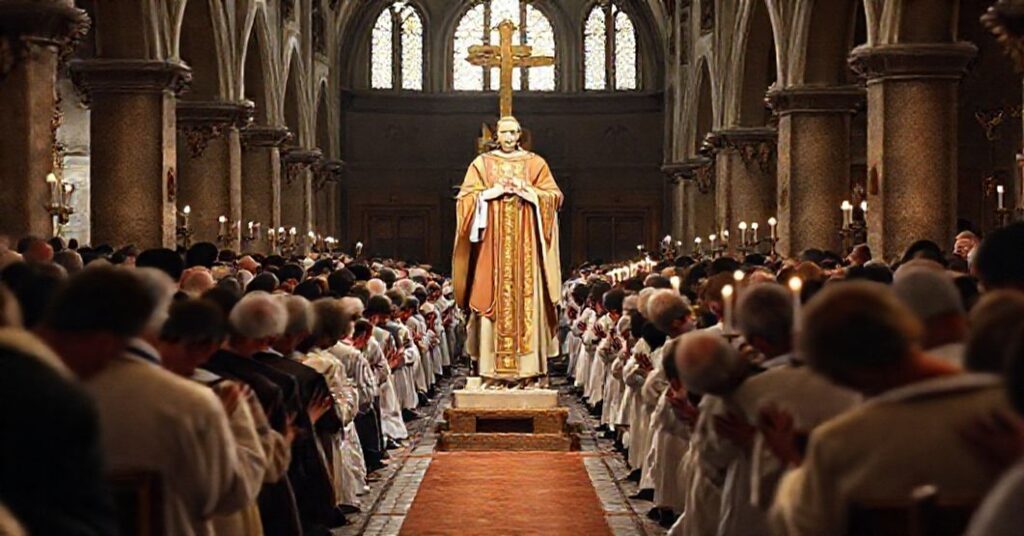 Pielgrzymka katolicka z akcentem na Najświętszy Sakrament i kontrast wokół kontrowersyjnej postaci modernistycznej.