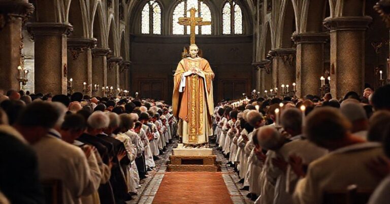 Pielgrzymka katolicka z akcentem na Najświętszy Sakrament i kontrast wokół kontrowersyjnej postaci modernistycznej.