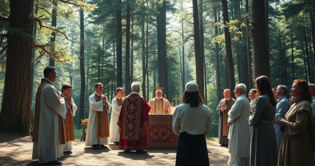 Zdjęcie realistycznej, pełnej szacunku sceny pielgrzymki katolickiej w lesie, z kapłanami w liturgicznych strojach i wiernymi podczas liturgii, oddającej duchowość i wierność nauczaniu Kościoła