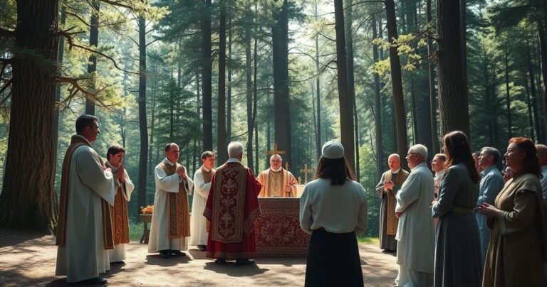 Zdjęcie realistycznej, pełnej szacunku sceny pielgrzymki katolickiej w lesie, z kapłanami w liturgicznych strojach i wiernymi podczas liturgii, oddającej duchowość i wierność nauczaniu Kościoła