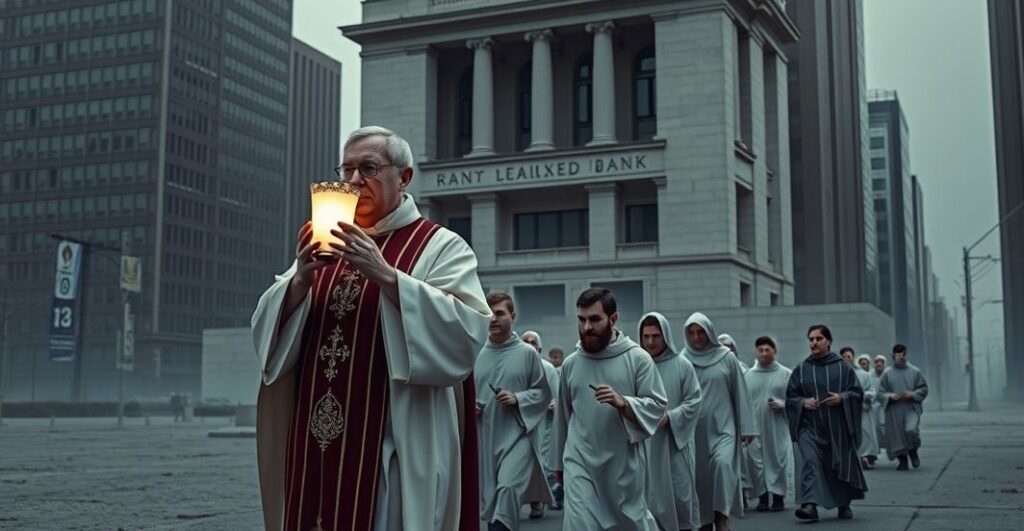Pielgrzymka katolicka przez współczesne miasto, z kapłanem trzymającym monstrancję i wiernymi idącymi za nim, z widokiem banku symbolizującego materializm.