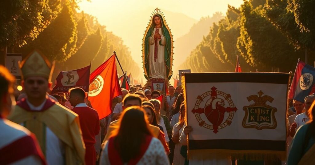 Pielgrzymka katolicka w Meksyku z modlitwą za nawrócenie narodu. Tło przedstawia statuę Matki Bożej z Guadalupe jako milczącego świadka przemocy i korupcji politycznej. Scena jest pokryta złotym światłem, co wywołuje wrażenie boskiego obecności pośród ziemskich trwożności.
