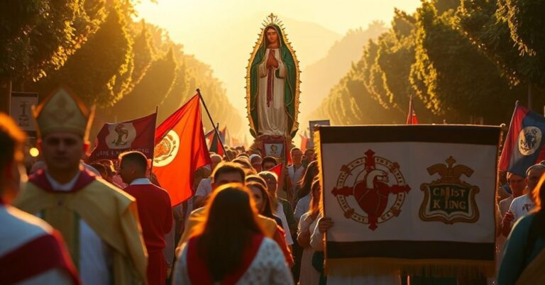 Pielgrzymka katolicka w Meksyku z modlitwą za nawrócenie narodu. Tło przedstawia statuę Matki Bożej z Guadalupe jako milczącego świadka przemocy i korupcji politycznej. Scena jest pokryta złotym światłem, co wywołuje wrażenie boskiego obecności pośród ziemskich trwożności.