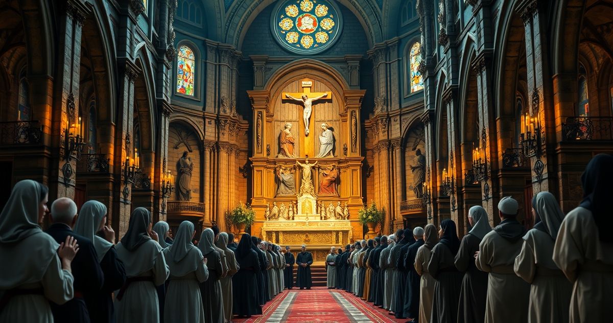 Fotografia realistyczna, pełna szacunku scena pielgrzymkowa katolicka z modlącymi się wiernymi przy ołtarzu, ukazująca głęboką religijność i oddanie.