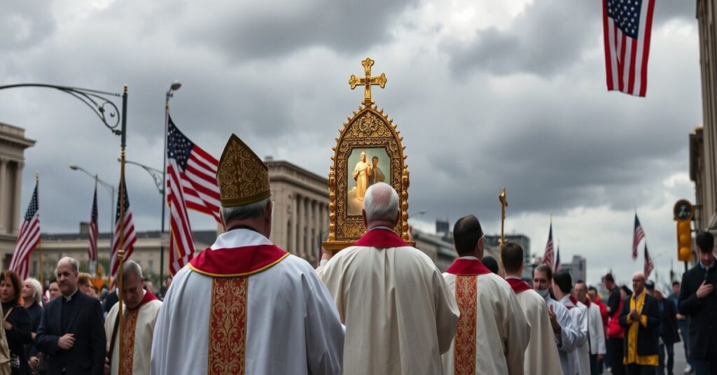 Pielgrzymka katolicka z monstrancją na tle amerykańskiego miasta