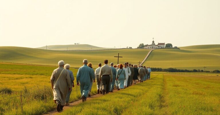 Grupa pielgrzymów katolickich w modlitewnej pielgrzymce do sanktuarium, ukazująca duchową jedność i wiarę w spokojnym, naturalnym otoczeniu