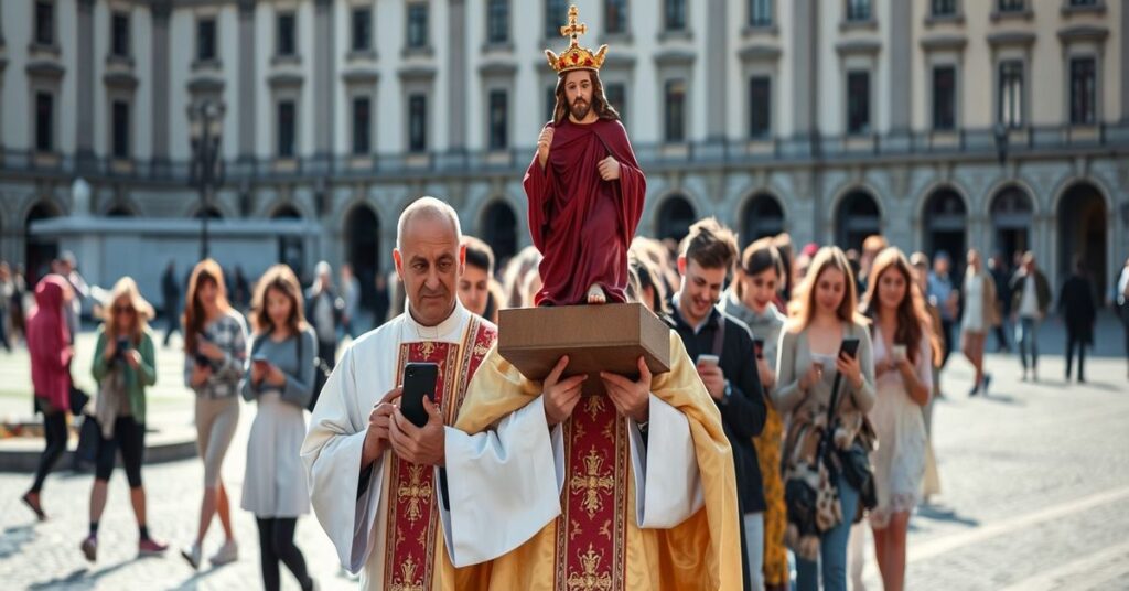 Pielgrzymka katolicka pod przewodnictwem księdza z figurą Chrystusa Króla, podczas której młodzi ludzie są rozproszeni przez smartfony.