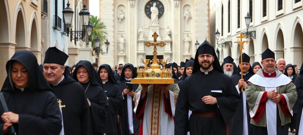 Pielgrzymka katolicka z Najświętszym Sakramentem w St. Augustine - tradycyjne wyobrażenie wiernych w modlitwie