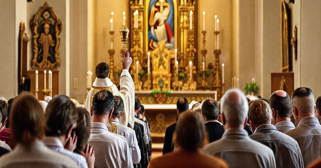 Pielgrzymka katolicka w sanktuarium Matki Bożej Dzikowskiej - uroczysta Msza Święta według tradycyjnego rytu z podniesieniem Hostii przez księdza w tradycyjnych szatach. Pielgrzymi klękają w modlitwie.