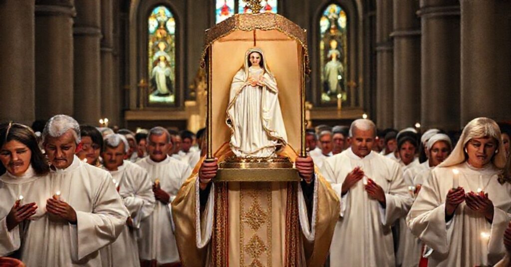 Pielgrzymka katolicka z figurą Matki Boskiej w tradycyjnych strojach i ołtarzu