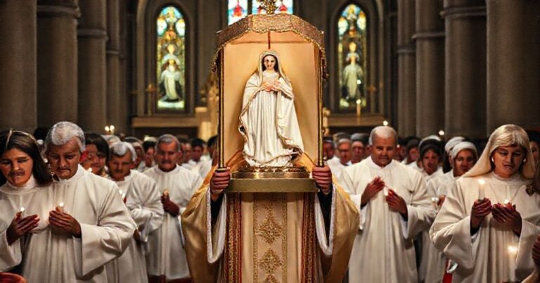 Pielgrzymka katolicka z figurą Matki Boskiej w tradycyjnych strojach i ołtarzu