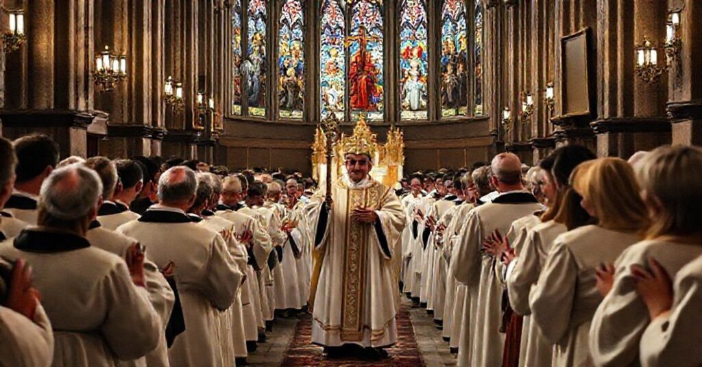 Pielgrzymka katolicka z biskupem i duchownymi w tradycyjnych szatach liturgicznych w historycznej świątyni z witrażami przedstawiającymi świętych i męczenników.