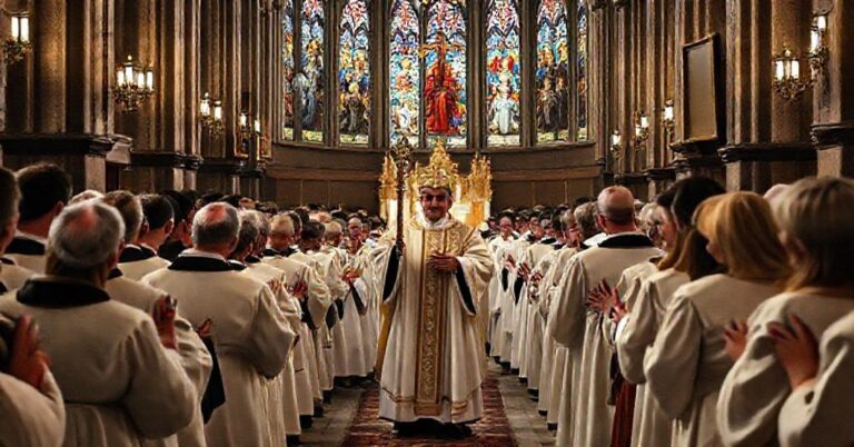 Pielgrzymka katolicka z biskupem i duchownymi w tradycyjnych szatach liturgicznych w historycznej świątyni z witrażami przedstawiającymi świętych i męczenników.