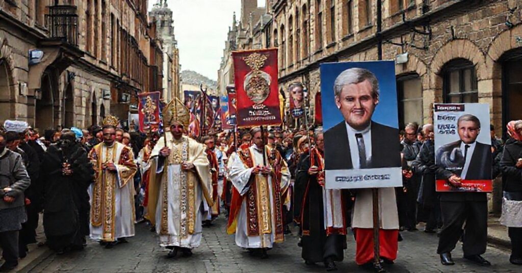 Pielgrzymka katolicka w brytyjskim mieście z biskupem i wiernymi pod Trzecim Rzeszą Farage'a