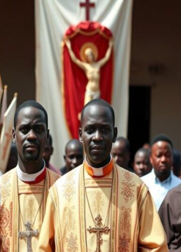 Pielgrzymka katolicka w Kamerunie podczas fałszywej wizyty Leona XIV Pielgrzymka katolicka w Kamerunie z arcybiskupem Andrew Fuanya Nkei i wiernymi przed kościołem. Scena symbolizuje walkę między autentycznym katolicyzmem a fałszywym ekumenizmem Leona XIV.