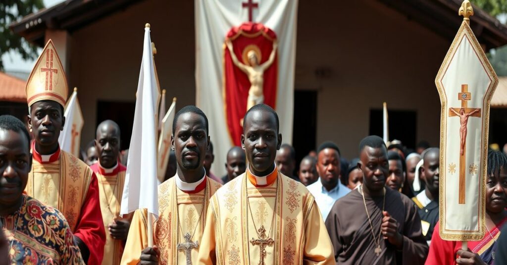 Pielgrzymka katolicka w Kamerunie z arcybiskupem Andrew Fuanya Nkei i wiernymi przed kościołem. Scena symbolizuje walkę między autentycznym katolicyzmem a fałszywym ekumenizmem Leona XIV.