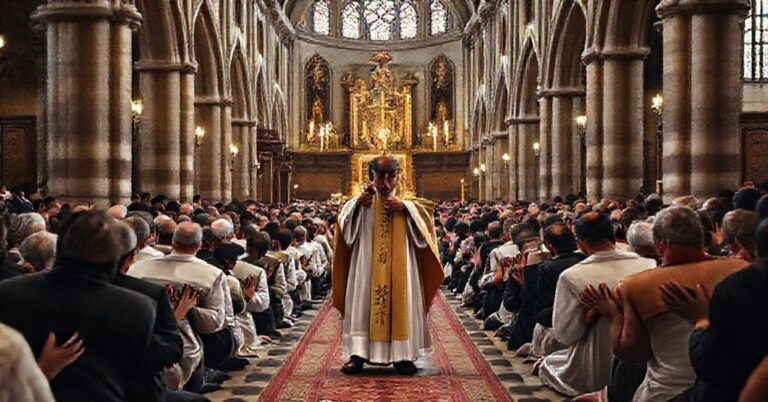 Pielgrzymka katolicka w tradycyjnym kościele z kapłanem w ornacie i wierzącymi na kolanach.