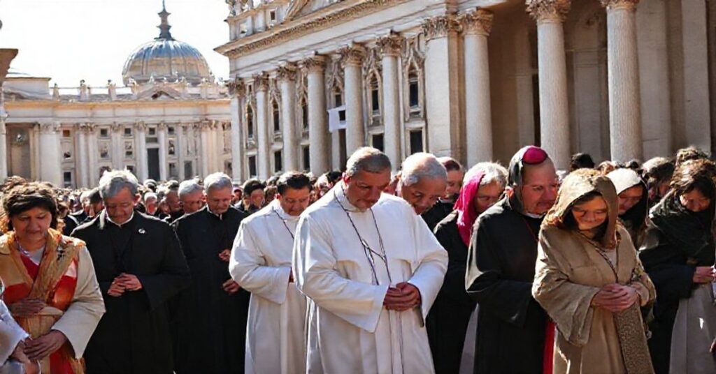 Pielgrzymka grupy wiernych katolickich w tradycyjnych ubraniach wobec Watykanu, podkreślająca wierność prawdziwemu Kościołowi przed Soborem.