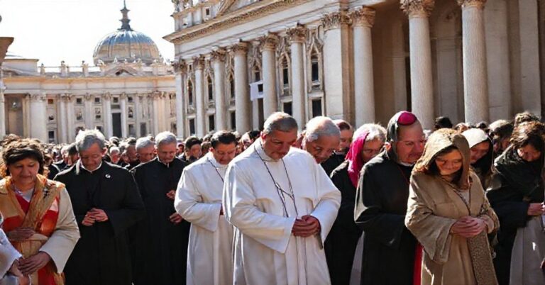 Pielgrzymka grupy wiernych katolickich w tradycyjnych ubraniach wobec Watykanu, podkreślająca wierność prawdziwemu Kościołowi przed Soborem.