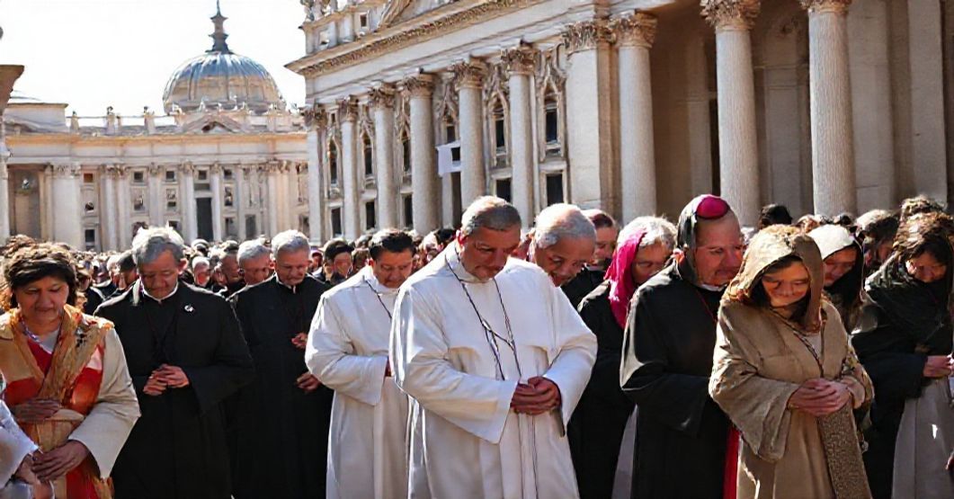 Pielgrzymka grupy wiernych katolickich w tradycyjnych ubraniach wobec Watykanu, podkreślająca wierność prawdziwemu Kościołowi przed Soborem.
