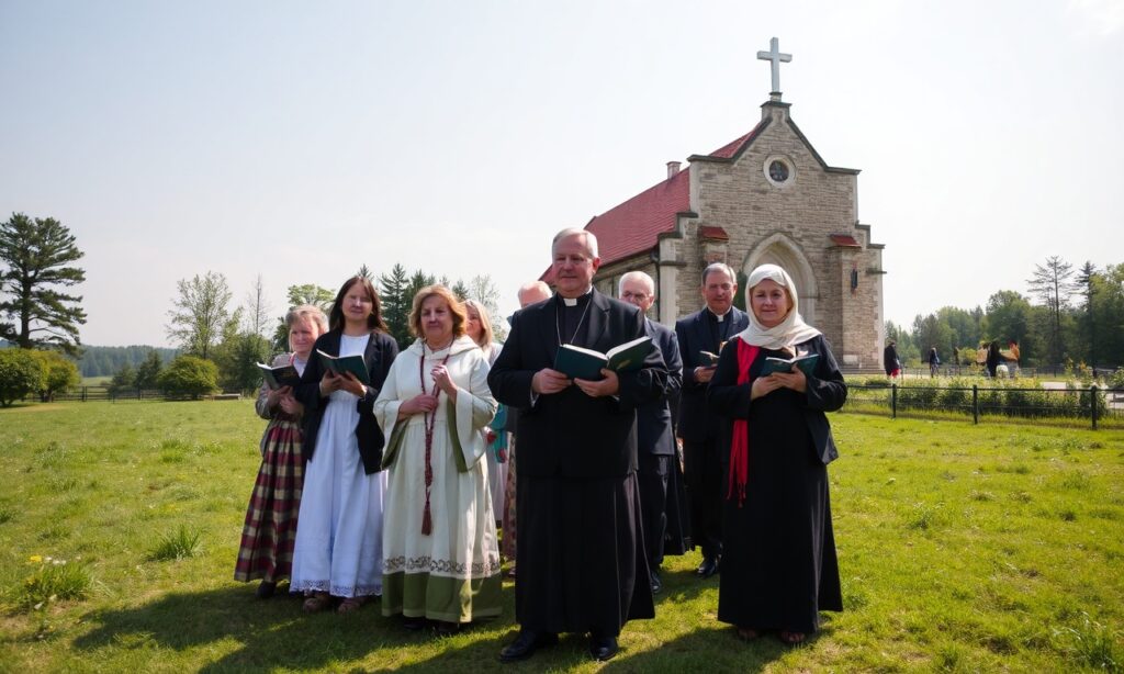 Grupa wiernych katolików na pielgrzymce w Zwierkach koło Zabłudowa na Podlasiu