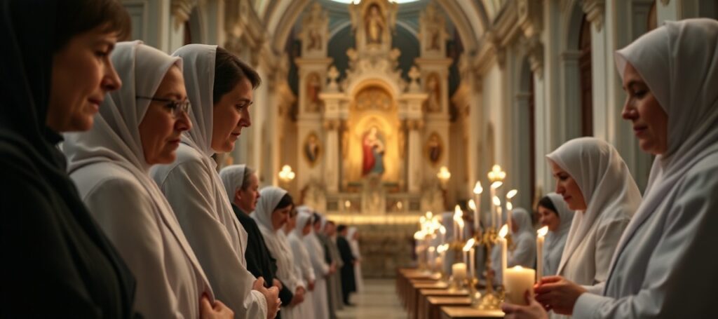 Grupa kobiet uczestniczących w pielgrzymce na Jasną Górę podczas fałszywej 'Eucharystii' celebrowanej przez 'biskupa' Wiesława Szlachetki.
