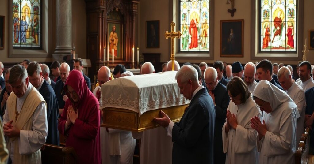 Pielgrzymka katolicka ku czci błogosławionego ks. Jerzego Popiełuszki w tradycyjnym kościele z witrażami i symbolami męczenników