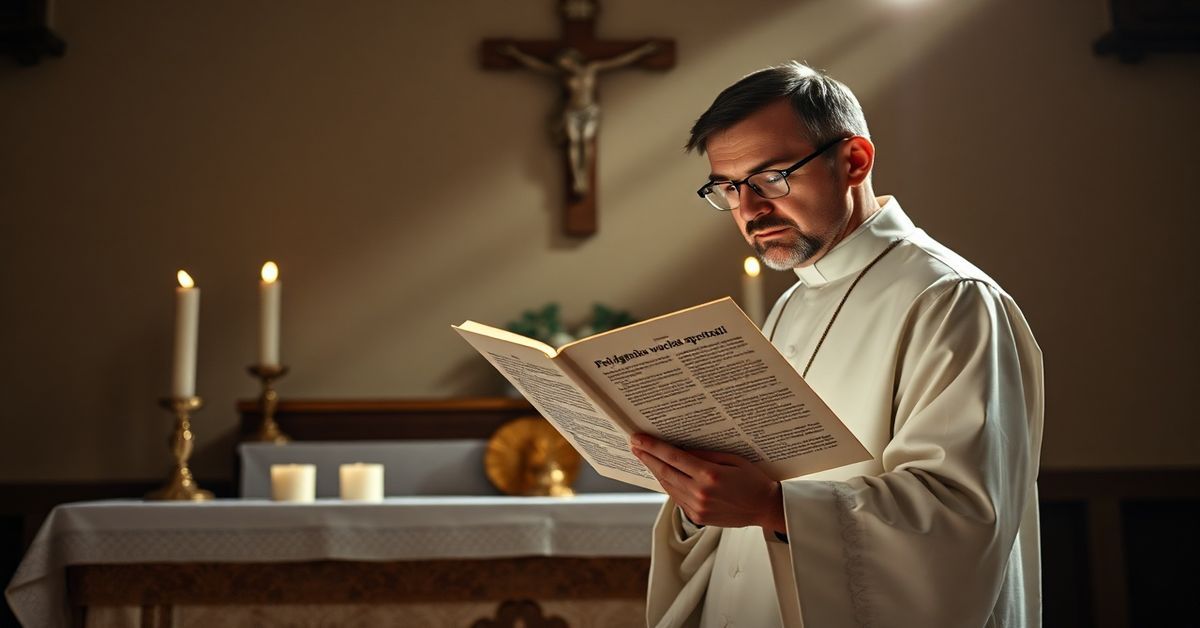 Tradycyjny kapłan katolicki w kasule i zuchetto stoi przed ołtarzem z krucyfiksem i świecami, czytając dokument o pielgrzymce Leona XIV do Algierii.