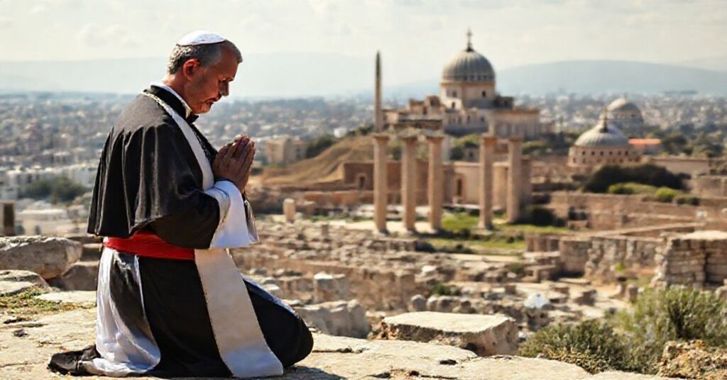 Ksiądz w tradycyjnych szatach modli się przed ruinami Nicei z widokiem na meczet w tle