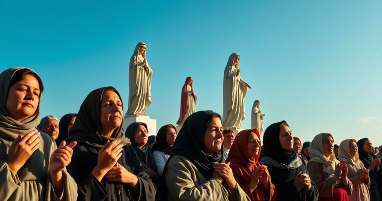 Rekolekcje pielgrzymkowe w Loreto, grupa wiernych modląca się z różańcami i figurami Matki Bożej, wyraża głęboką pobożność i wiarę katolicką, w naturalnym świetle, pełne szacunku i duchowego skupienia.