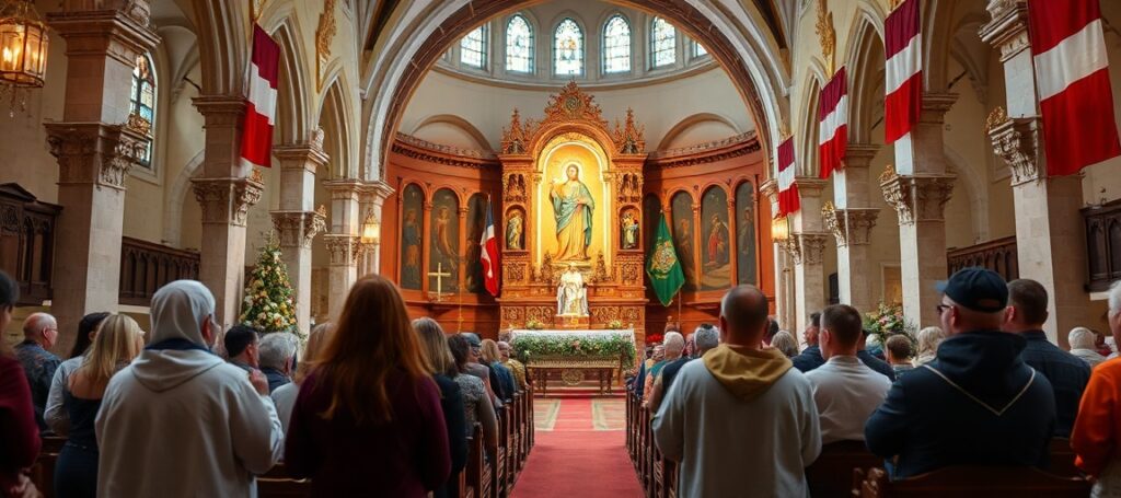 Zdjęcie pielgrzymki ludzi pracy do sanktuarium NMP Henrykowskiej z tradycyjną Mszą Świętą.