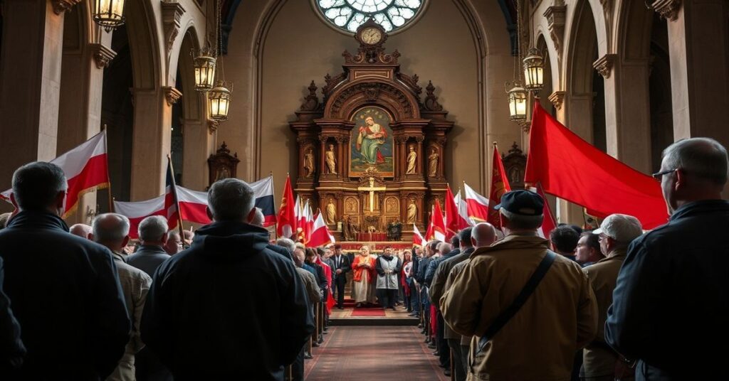 Obraz przedstawiający pielgrzymkę ludzi pracy w Kościele św. Józefa w Kielcach z udziałem delegacji NSZZ 'Solidarność' i pseudobiskupem Andrzejem Kaletą.