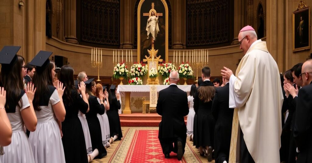 Grupa maturzystów klęczących przed Czarą Panią z Jasnej Góry podczas Mszy św. z udziałem biskupa Damiana Bryla