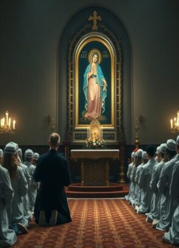 Maturzyści modlą się w Jasnej Górze - brak Eucharystii w nowoczesnej pielgrzymce Grupa maturzystów modli się przed ikoną Matki Boskiej Jasnogórskiej w bazylice Jasna Góra