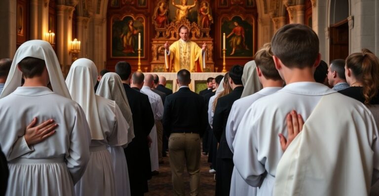 Grupa maturzystów modli się w tradycyjnym stroju katolickim na Jasnej Górze, podczas uwielbienia przed Najświętszym Sakramentem.