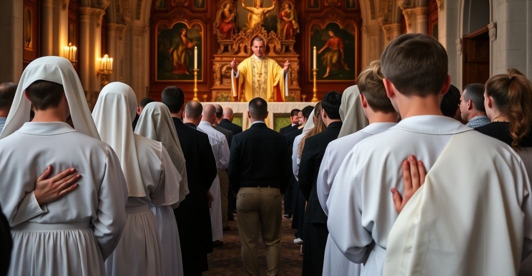 Grupa maturzystów modli się w tradycyjnym stroju katolickim na Jasnej Górze, podczas uwielbienia przed Najświętszym Sakramentem.