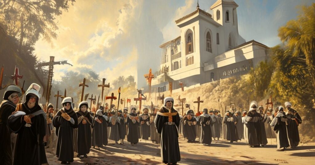 Grupa młodych Meksykanów w tradycyjnych strojach Cristeros idąca w pielgrzymkę ku sanktuarium "Chrystusa Króla" na wzgórzu Cubilete