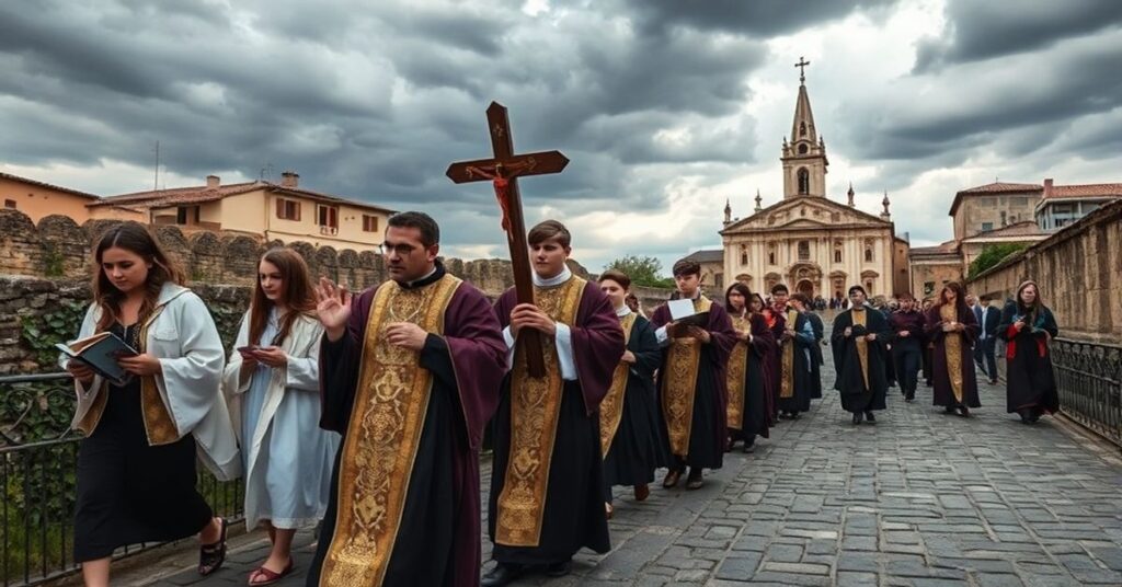 Pielgrzymka katolicka z młodzieżą pod przewodnictwem biskupa w szatach ceremonialnych, idąca w kierunku katedry na tle burzowego nieba symbolizującego kryzys wiary