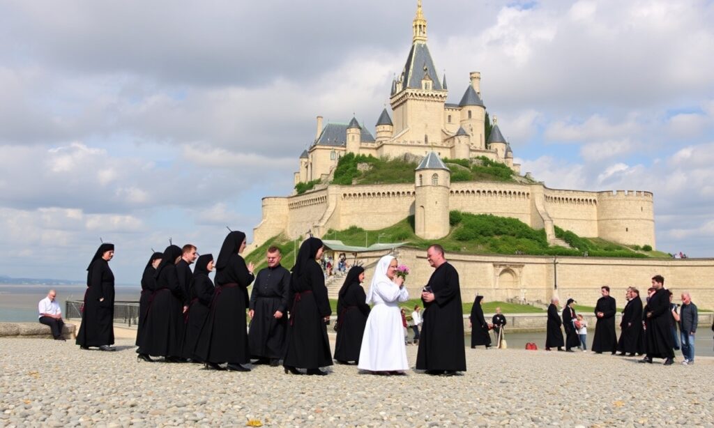 Grupa młodych katolików pielgrzymujących do Mont-Saint-Michel z sztandarem św. Michała Archanioła.
