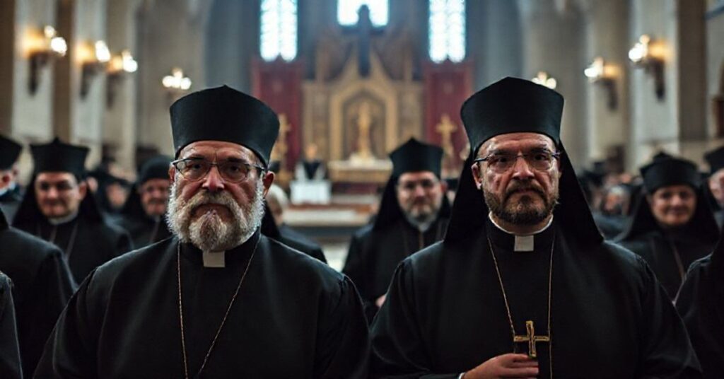 Scena pielgrzymki muzyków kościelnych na Jasnej Górze w 2025 roku, ukazująca konflikt między zewnętrzną pobożnością a wewnętrzną apostazją