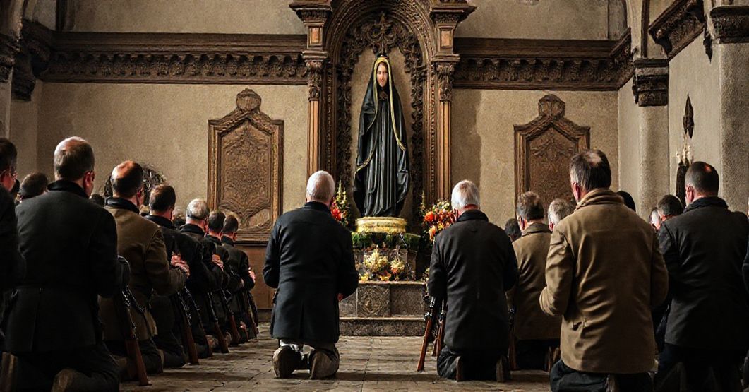 Grupa myśliwych modliących się przed rzeźbą Matki Boskiej Jasnogórskiej w tradycyjnym katolickim klimacie, symbolizującym prawdziwą katolicką ekologię i pokutę.