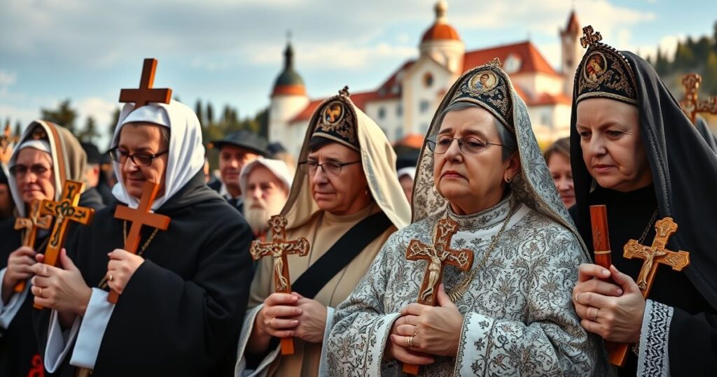 Realistyczne zdjęcie katolickiej pielgrzymki na Jasną Górę z wiernymi w modlitwie, ukazujące powagę i duchowe skupienie przy klasztorze