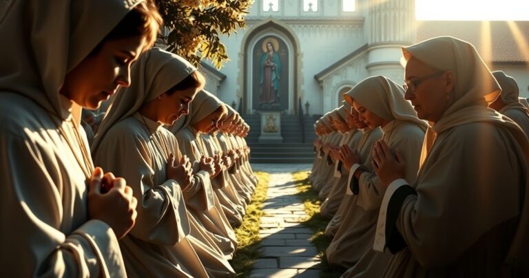 Religijne pielgrzymki na Jasnej Górze, wierni modlą się przed ikoną, scena pełna szacunku i duchowej głębi, w naturalnym świetle, odzwierciedlająca katolicką wiarę.